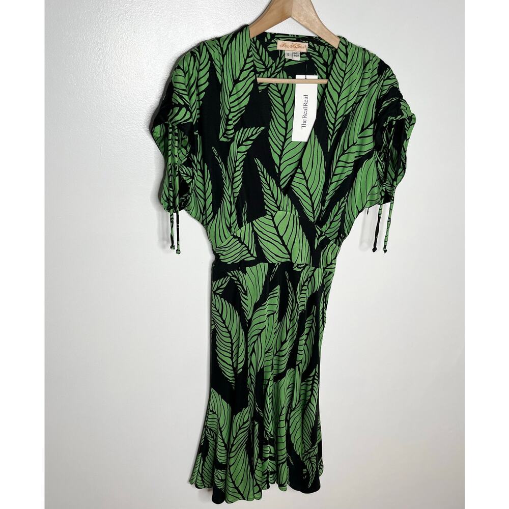 Mara Hoffman Womens 100% Silk Dress Small Black Green Tropical Leaf Print V Neck - Picture 2 of 9